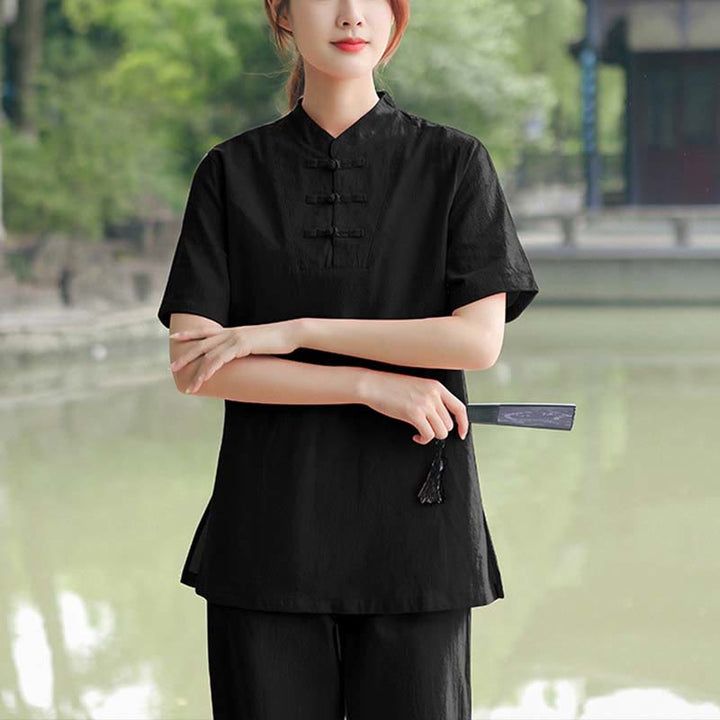 Buddha Stones 2Pcs Women's Short Sleeve Shirt Top T-Shirt Pants Meditation Zen Tai Chi Cotton Linen Clothing Set