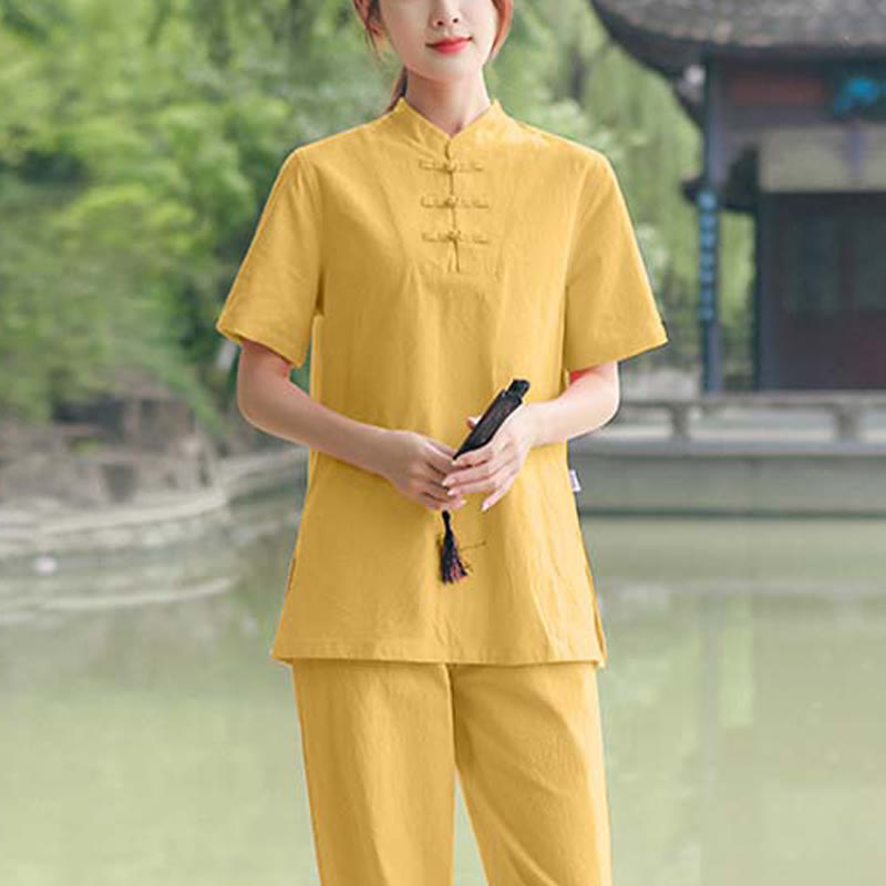 Buddha Stones 2Pcs Women's Short Sleeve Shirt Top T-Shirt Pants Meditation Zen Tai Chi Cotton Linen Clothing Set - Yellow(Top&Pants) - US18，UK/AU22，EU50 (6XL) - image 9