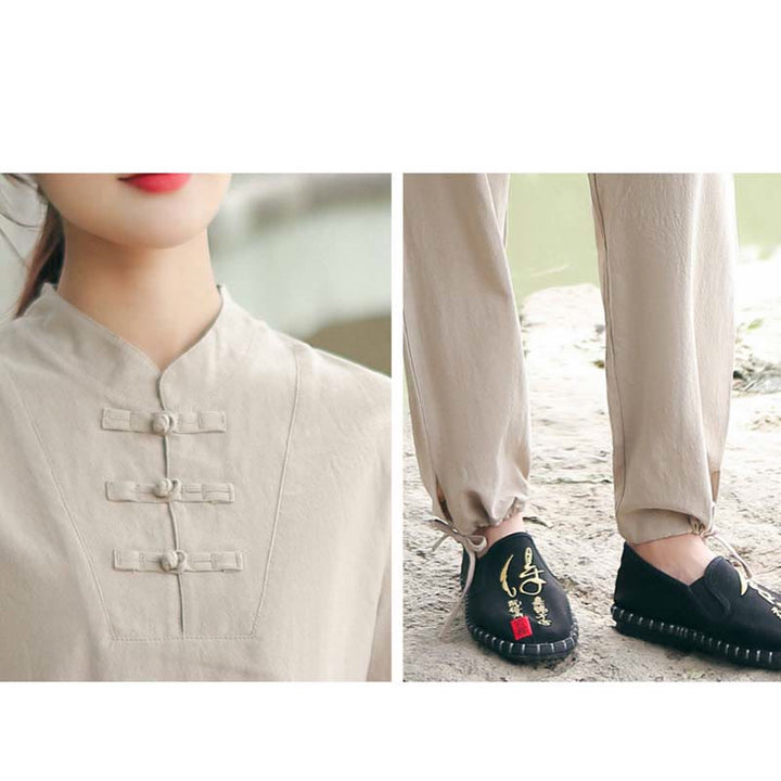 Buddha Stones 2Pcs Women's Short Sleeve Shirt Top T-Shirt Pants Meditation Zen Tai Chi Cotton Linen Clothing Set - image 2