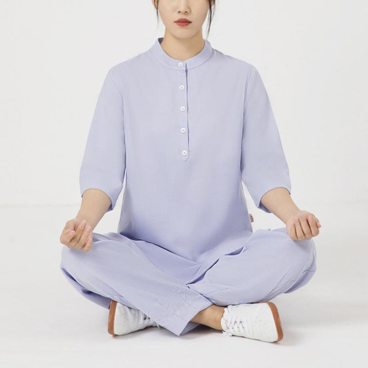 Buddha Stones 2Pcs Solid Color Three Quarter Shirt Top Pants Meditation Zen Tai Chi Cotton Linen Clothing Women's Set