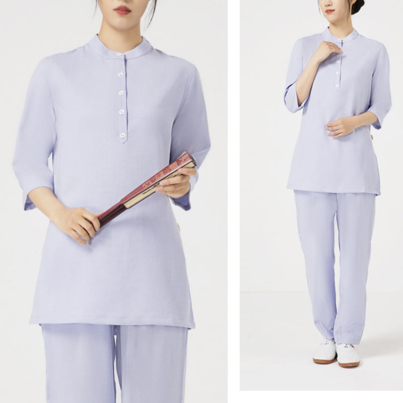 Buddha Stones 2Pcs Solid Color Three Quarter Shirt Top Pants Meditation Zen Tai Chi Cotton Linen Clothing Women's Set