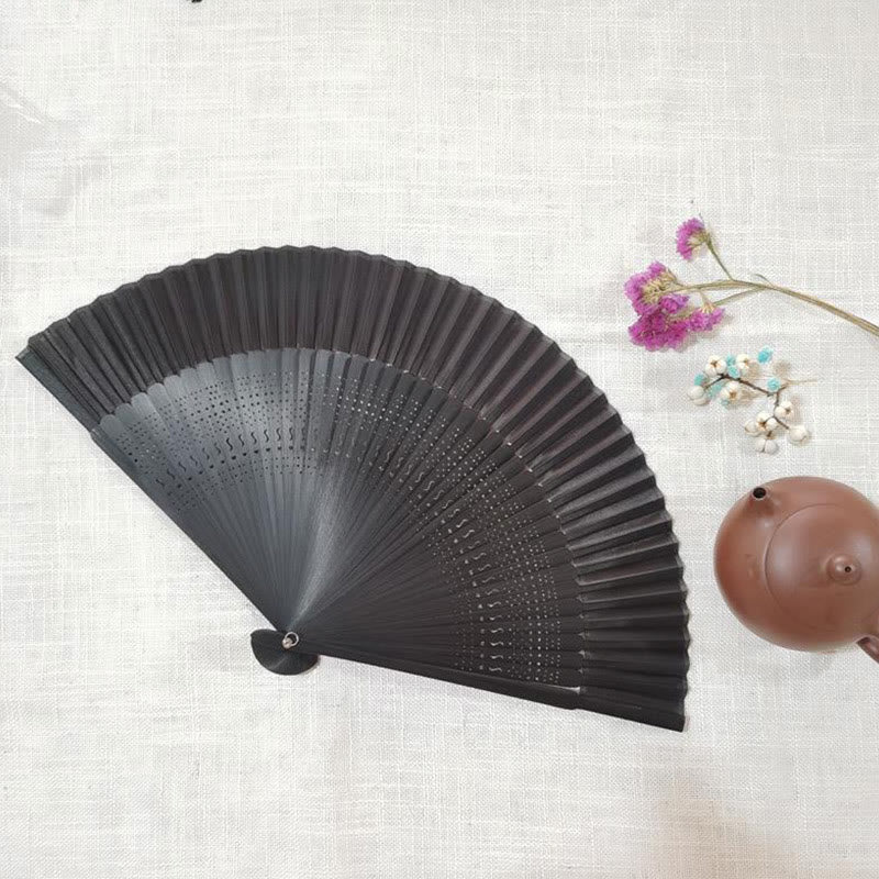 Buddha Stones Simple Hollow Engraved Handheld Bamboo Folding Fan - Black 22cm - image 4