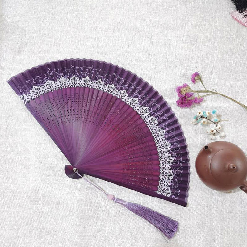 Buddha Stones Simple Hollow Engraved Handheld Bamboo Folding Fan - Purple 22cm - image 8