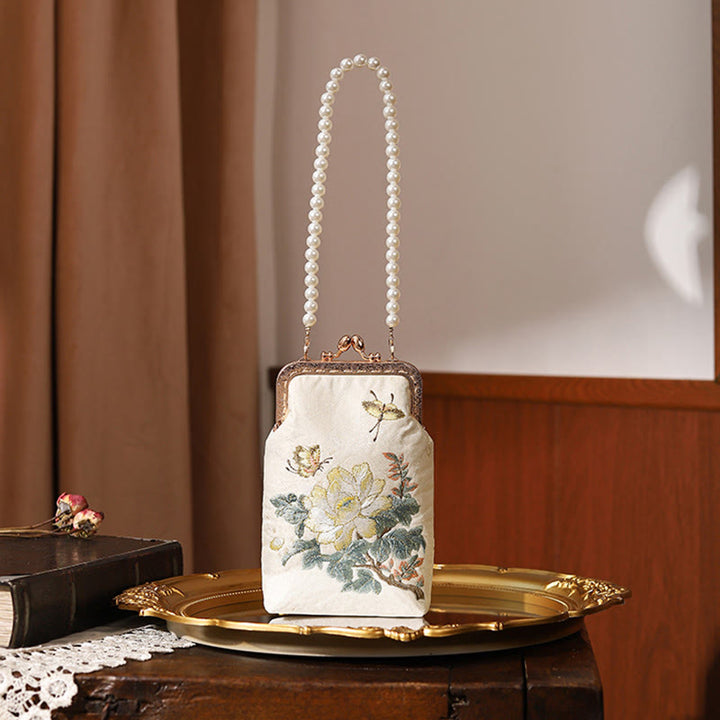 Buddha Stones Small Flowers Butterfly Embroidered Pearl Metal Chain Shoulder Bag Crossbody Handbag Cellphone Bag - 14*5*18.5cm - image 0