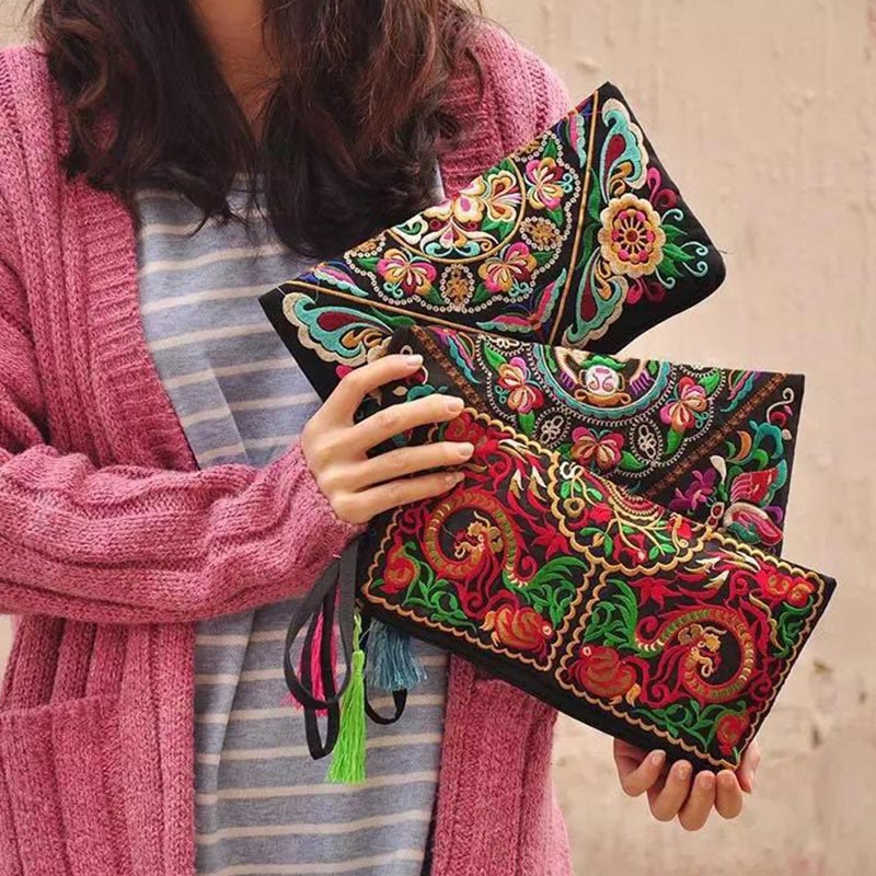 Buddha Stones Dragon Butterfly Cosmos Flower Embroidery Wallet Shopping Purse - image 1