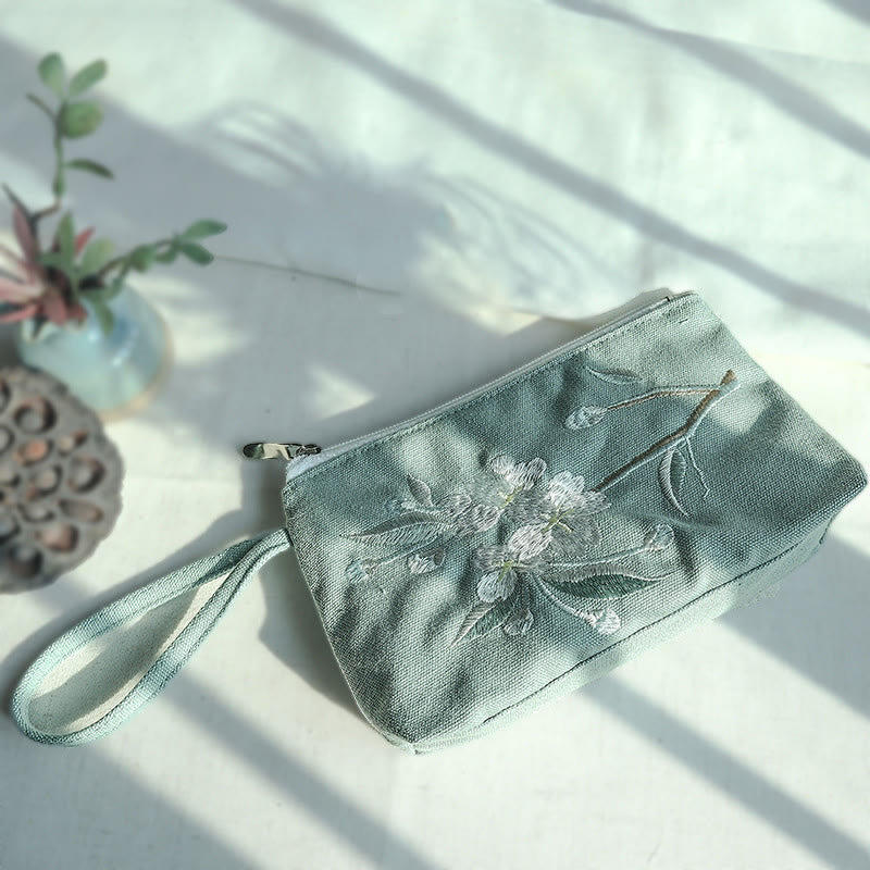 Buddha Stones Small Flower Plum Cherry Crane Peach Blossom Embroidery Canvas Wallet Shopping Purse - Green Pear 21*13cm - image 0
