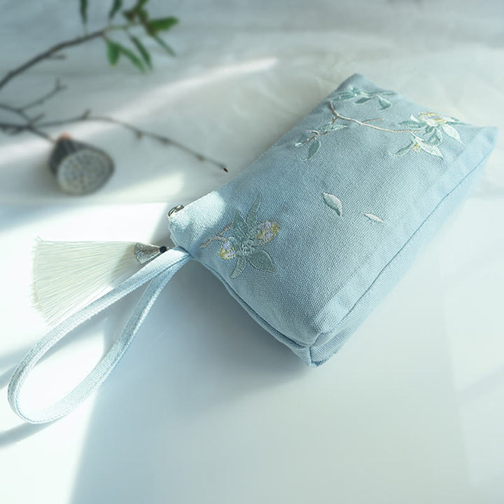 Buddha Stones Small Flower Plum Cherry Crane Peach Blossom Embroidery Canvas Wallet Shopping Purse - Light Blue White Tea Flower 21*13cm - image 7