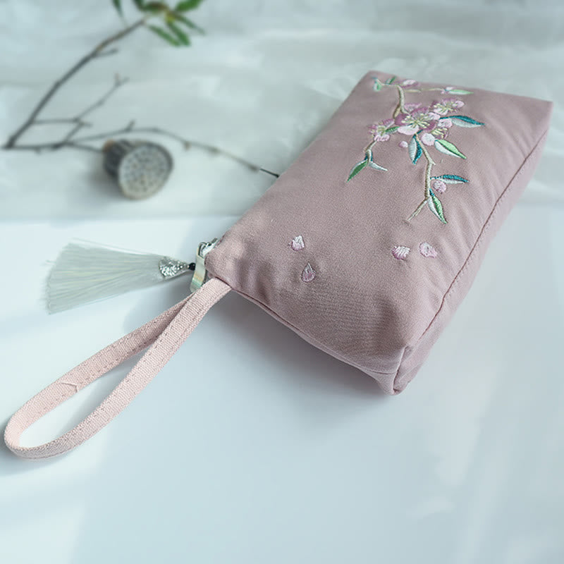 Buddha Stones Small Flower Plum Cherry Crane Peach Blossom Embroidery Canvas Wallet Shopping Purse