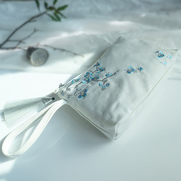 Buddha Stones Small Flower Plum Cherry Crane Peach Blossom Embroidery Canvas Wallet Shopping Purse - White Blue Plum 21*13cm - image 20