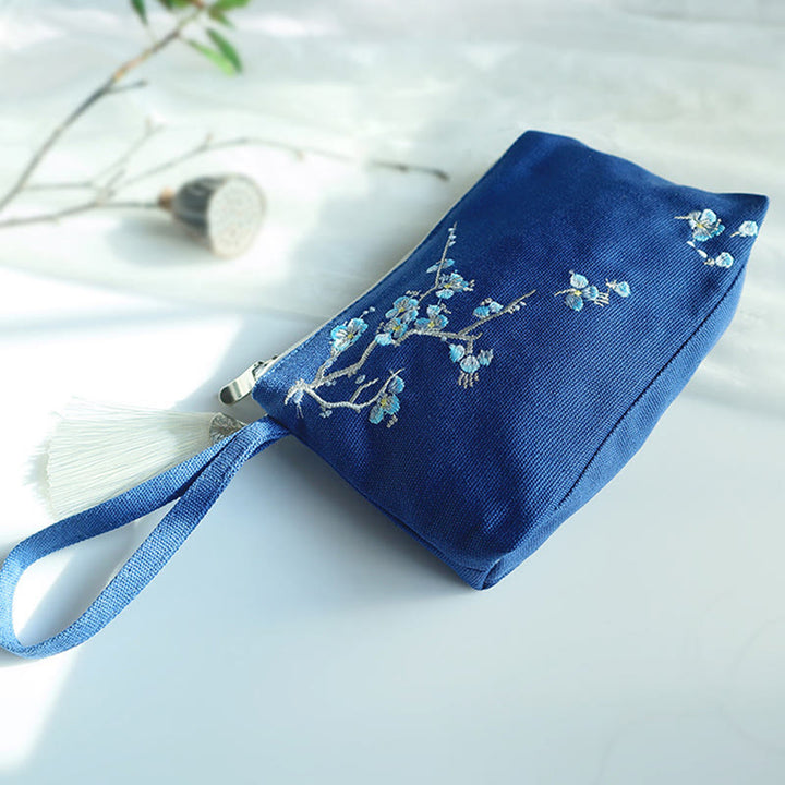 Buddha Stones Small Flower Plum Cherry Crane Peach Blossom Embroidery Canvas Wallet Shopping Purse