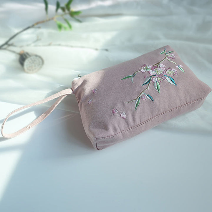 Buddha Stones Small Flower Plum Cherry Crane Peach Blossom Embroidery Canvas Wallet Shopping Purse