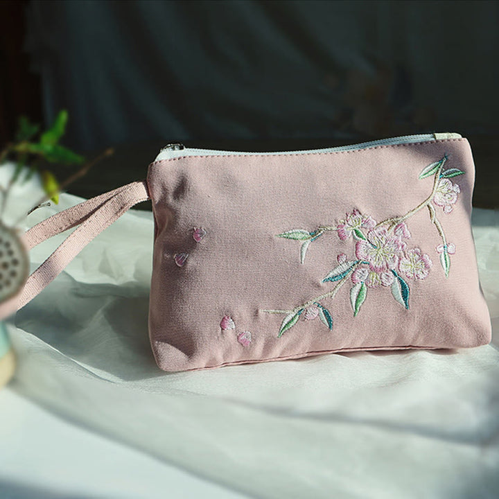 Buddha Stones Small Flower Plum Cherry Crane Peach Blossom Embroidery Canvas Wallet Shopping Purse