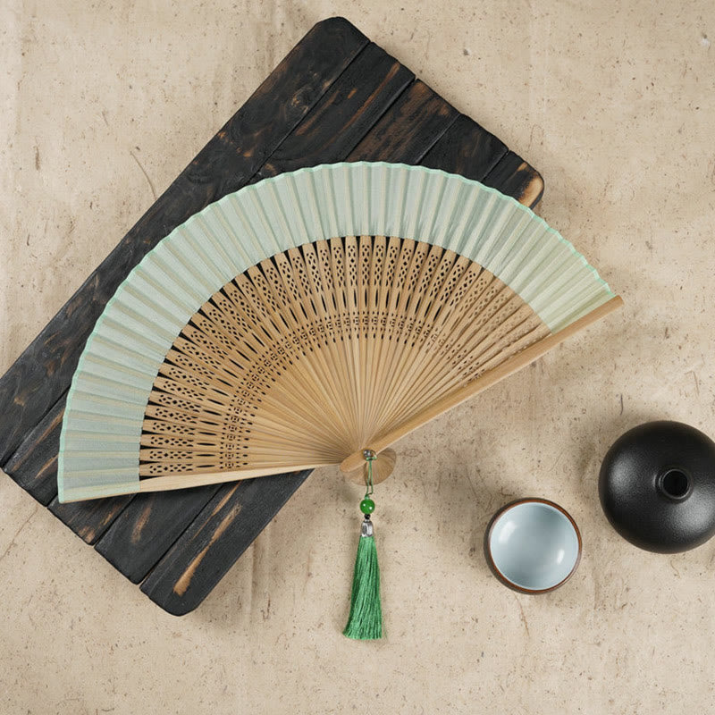 Buddha Stones Simple Cherry Flower Hollow Engraved Handheld Bamboo Folding Fan - Green 22cm - image 0