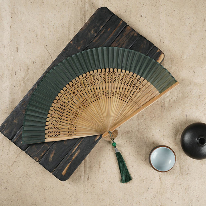 Buddha Stones Simple Cherry Flower Hollow Engraved Handheld Bamboo Folding Fan - Army Green 22cm - image 5
