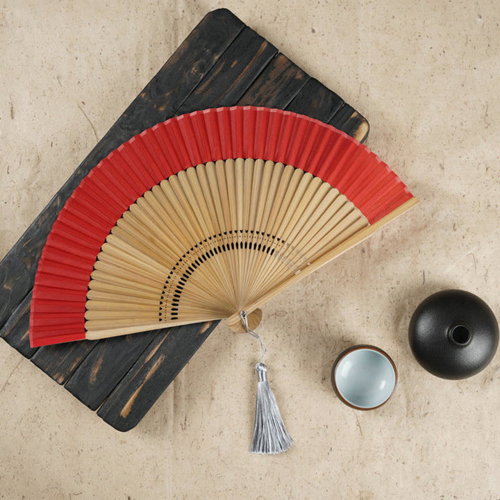 Buddha Stones Simple Cherry Flower Hollow Engraved Handheld Bamboo Folding Fan - Red 22cm - image 4