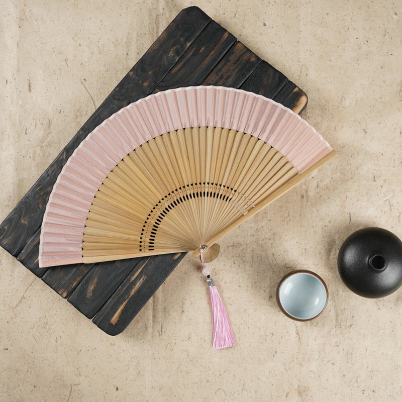 Buddha Stones Simple Cherry Flower Hollow Engraved Handheld Bamboo Folding Fan - Pink 22cm - image 3