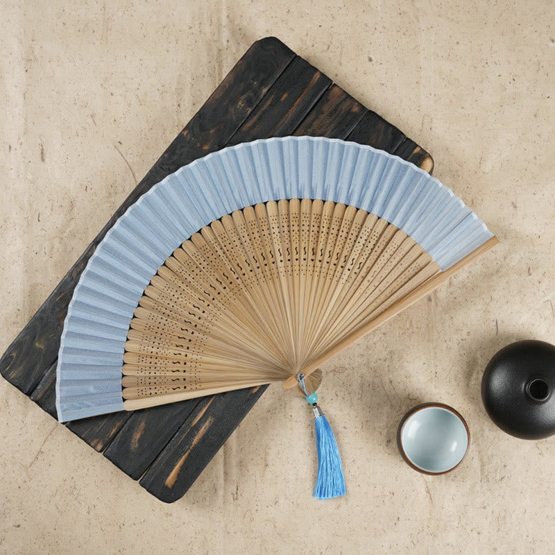 Buddha Stones Simple Cherry Flower Hollow Engraved Handheld Bamboo Folding Fan - Blue 22cm - image 6