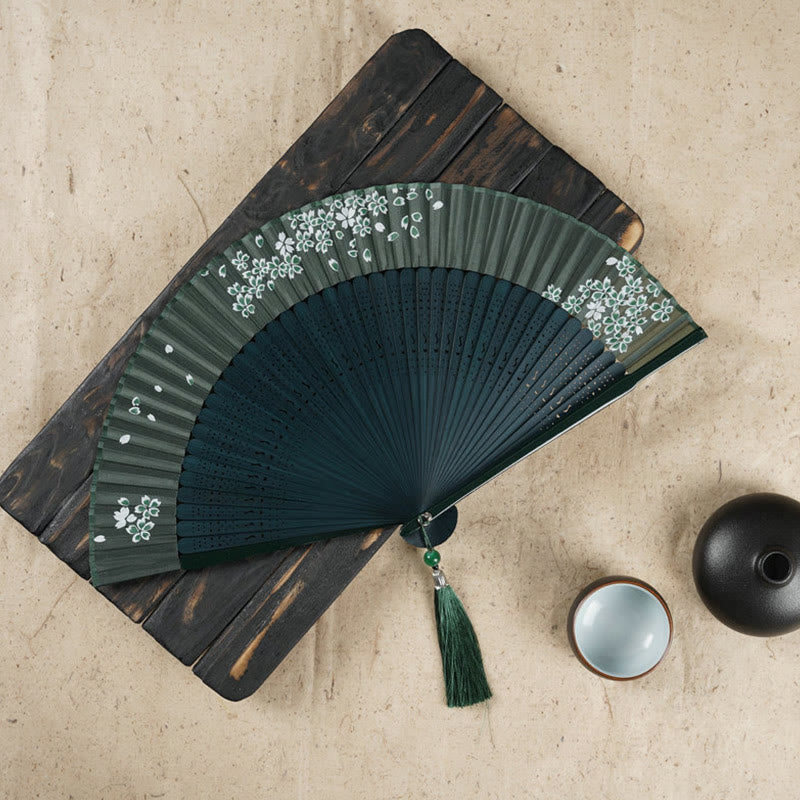 Buddha Stones Simple Cherry Flower Hollow Engraved Handheld Bamboo Folding Fan - Dark Green 22cm - image 7