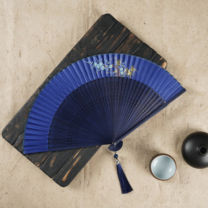 Buddha Stones Simple Cherry Flower Hollow Engraved Handheld Bamboo Folding Fan - Dark Blue 22cm - image 10