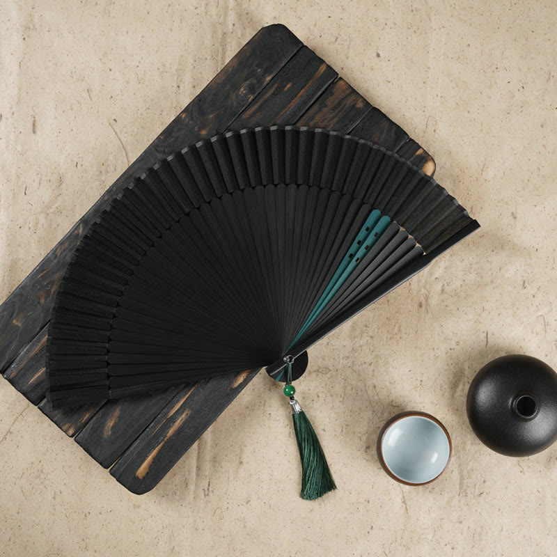 Buddha Stones Simple Cherry Flower Hollow Engraved Handheld Bamboo Folding Fan - Black 22cm - image 9