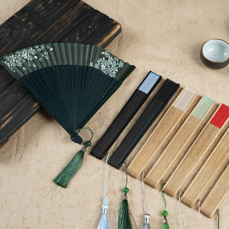 Buddha Stones Simple Cherry Flower Hollow Engraved Handheld Bamboo Folding Fan - image 11