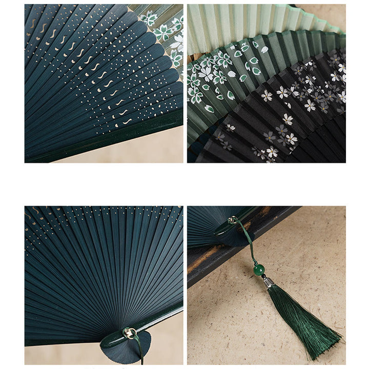 Buddha Stones Simple Cherry Flower Hollow Engraved Handheld Bamboo Folding Fan - image 8