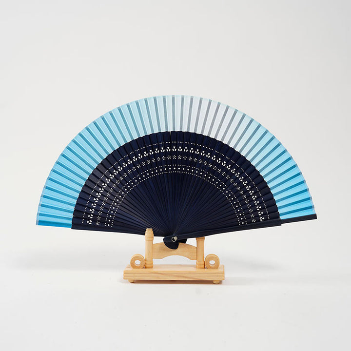 Buddha Stones Gradient Color Hollow Engraved Handheld Bamboo Folding Fan - Gradient Blue 20cm - image 0