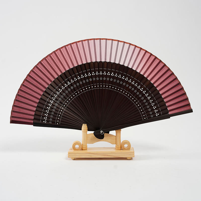 Buddha Stones Gradient Color Hollow Engraved Handheld Bamboo Folding Fan - Gradient Red 20cm - image 9