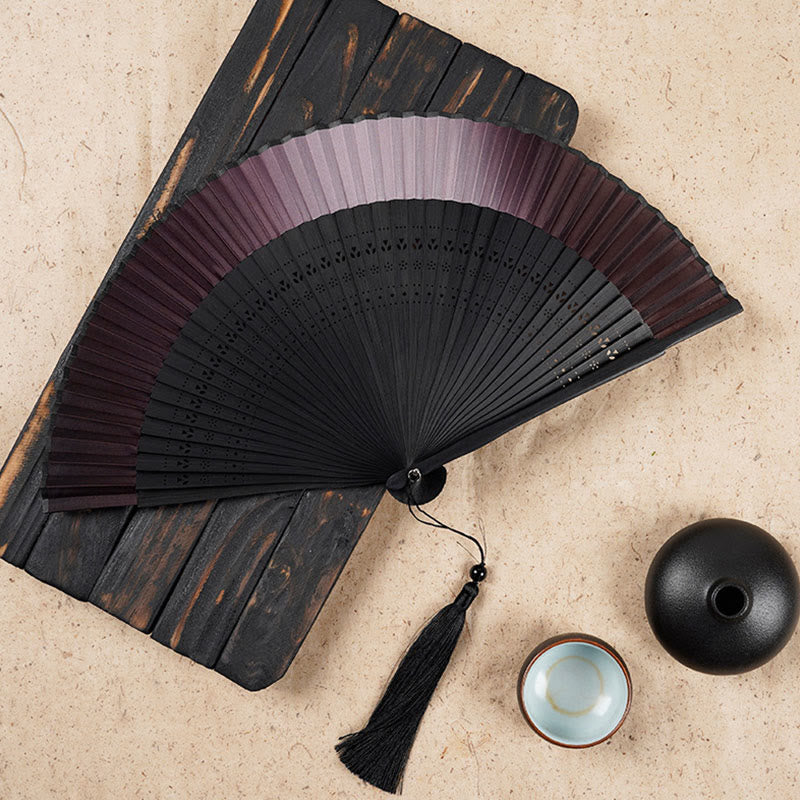 Buddha Stones Solid Color Gradient Hollow Engraved Handheld Bamboo Folding Fan - Brown Gradient 21.5cm - image 1