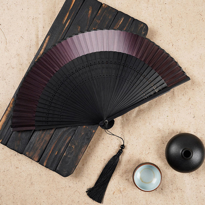 Buddha Stones Solid Color Gradient Hollow Engraved Handheld Bamboo Folding Fan - Brown Gradient 21.5cm - image 1