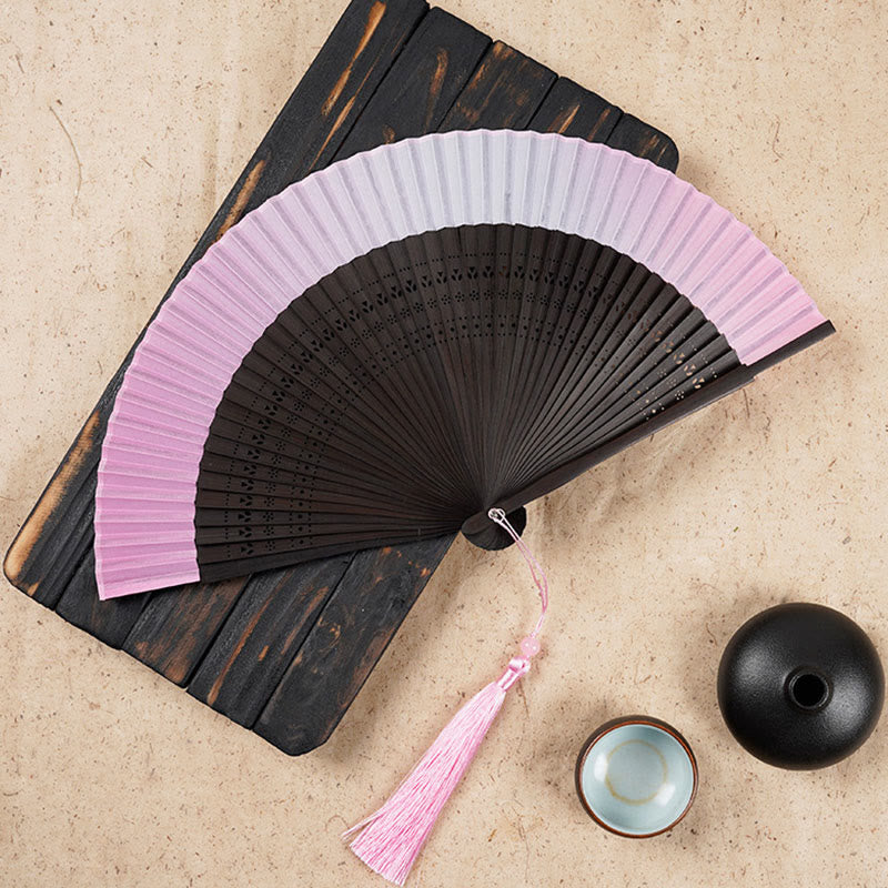 Buddha Stones Solid Color Gradient Hollow Engraved Handheld Bamboo Folding Fan - Pink Gradient 21.5cm - image 2