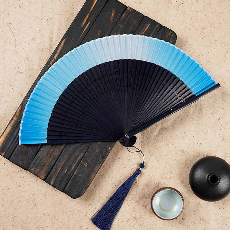 Buddha Stones Solid Color Gradient Hollow Engraved Handheld Bamboo Folding Fan - Blue Gradient 21.5cm - image 11