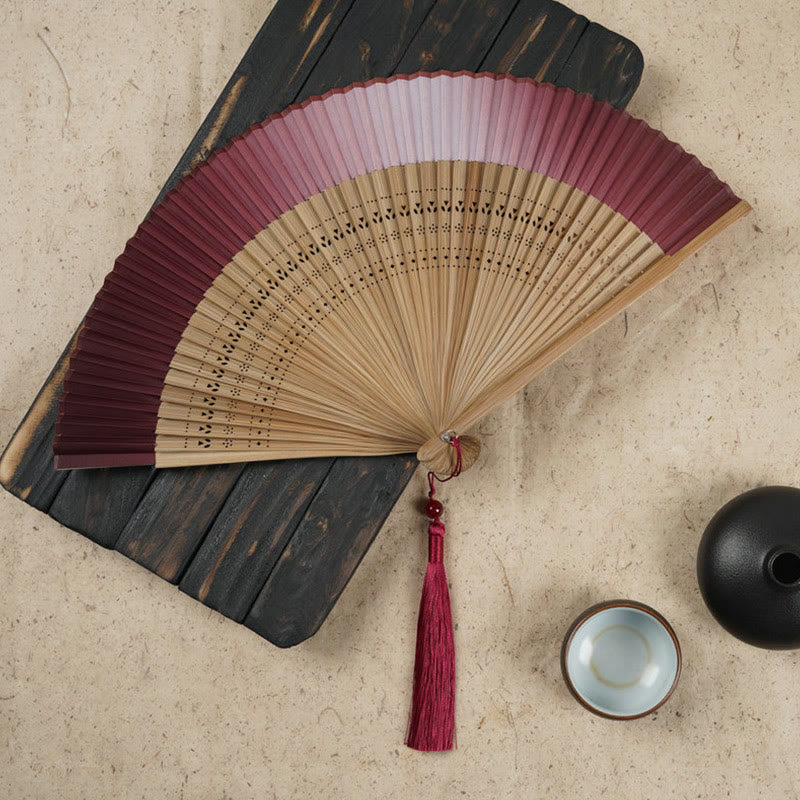 Buddha Stones Solid Color Gradient Hollow Engraved Handheld Bamboo Folding Fan - Gradient Darkred 21.5cm - image 14