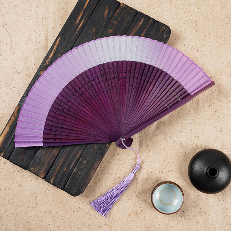 Buddha Stones Solid Color Gradient Hollow Engraved Handheld Bamboo Folding Fan - Purple Gradient 21.5cm - image 12