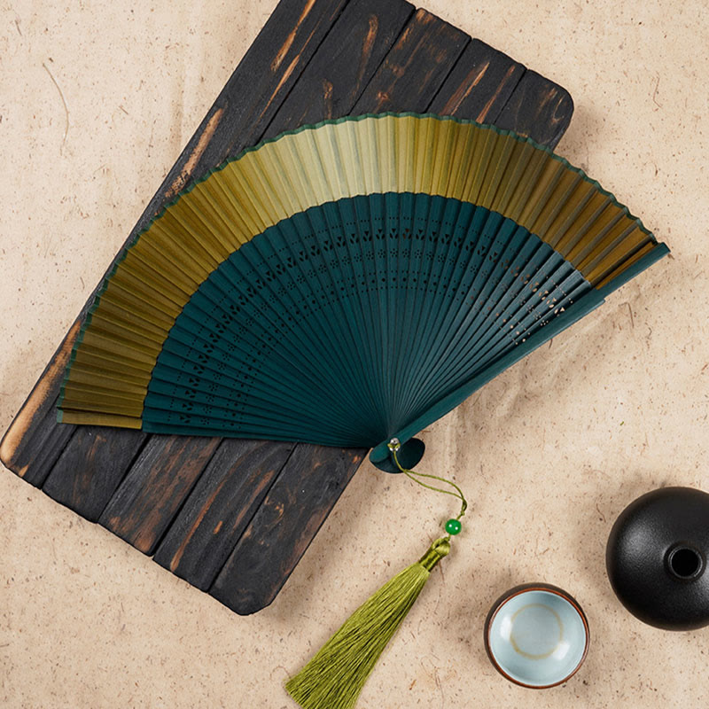 Buddha Stones Solid Color Gradient Hollow Engraved Handheld Bamboo Folding Fan - Darkgoldenrod Gradient 21.5cm - image 13