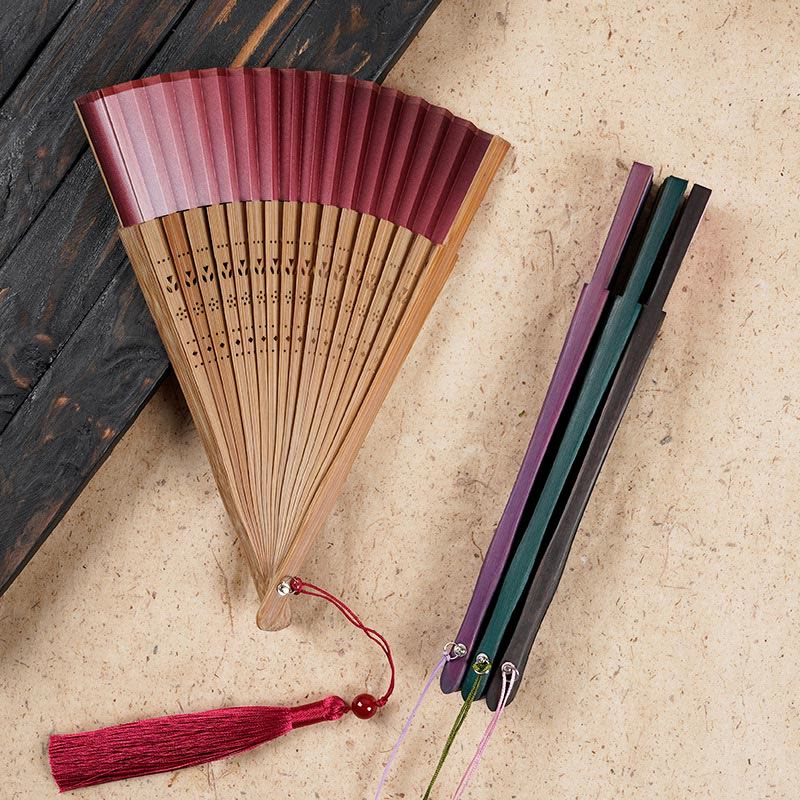 Buddha Stones Solid Color Gradient Hollow Engraved Handheld Bamboo Folding Fan - image 5