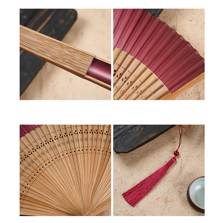 Buddha Stones Solid Color Gradient Hollow Engraved Handheld Bamboo Folding Fan - image 9