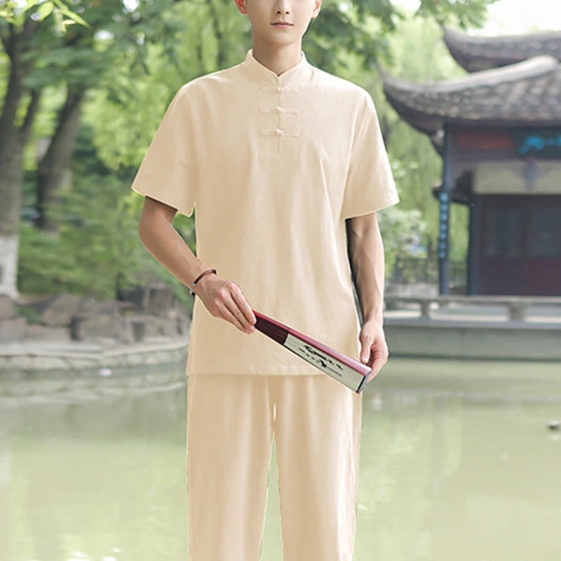 Buddha Stones 2Pcs Men's Short Sleeve Shirt Top T-Shirt Pants Meditation Zen Tai Chi Cotton Linen Clothing Set - Beige(Top&Pants) - US/UK/AU48，EU58 (6XL) - image 8