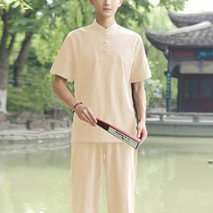 Buddha Stones 2Pcs Men's Short Sleeve Shirt Top T-Shirt Pants Meditation Zen Tai Chi Cotton Linen Clothing Set - Beige(Top&Pants) - US/UK/AU48，EU58 (6XL) - image 8