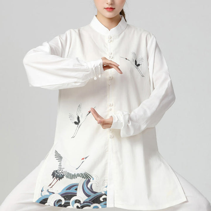 Buddha Stones White Crane Sea Cotton Linen Meditation Prayer Spiritual Zen Tai Chi Qigong Practice Clothing Set - White Top - US8-10，UK/AU12-14，EU40-42 (2XL) - image 8