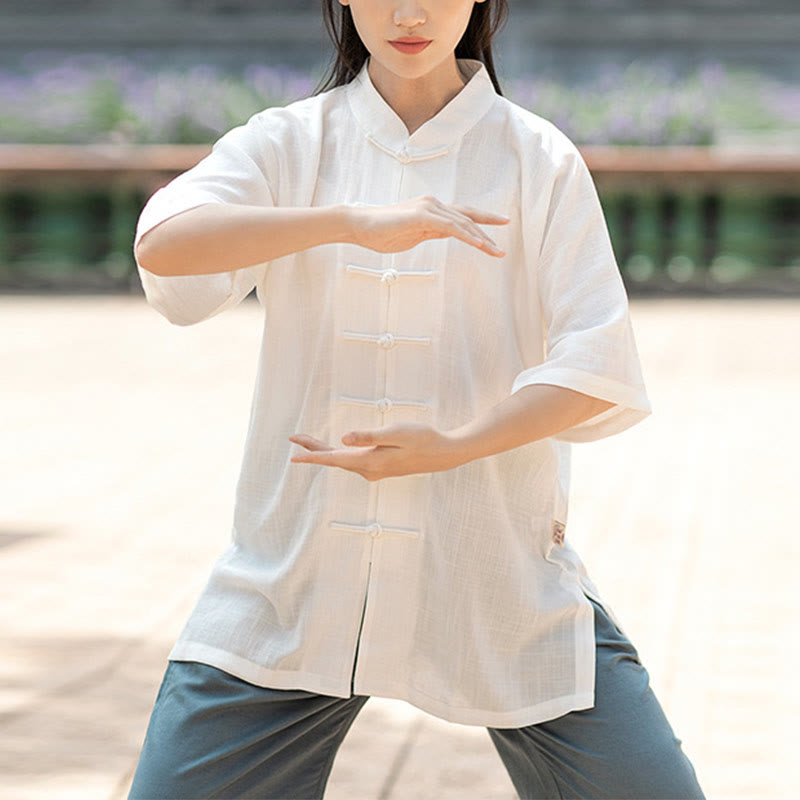 Buddha Stones Solid Color Frog-Button Meditation Prayer Spiritual Zen Tai Chi Qigong Practice Unisex Clothing Set - Women-White Top Only - XXL - image 0