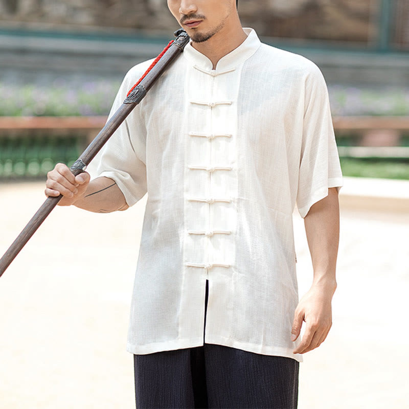 Buddha Stones Solid Color Frog-Button Meditation Prayer Spiritual Zen Tai Chi Qigong Practice Unisex Clothing Set - Men-White Top Only - XXL - image 1