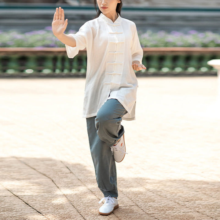 Buddha Stones Solid Color Frog-Button Meditation Prayer Spiritual Zen Tai Chi Qigong Practice Unisex Clothing Set - Women-White Top&Gray Blue Pants - XXL - image 3