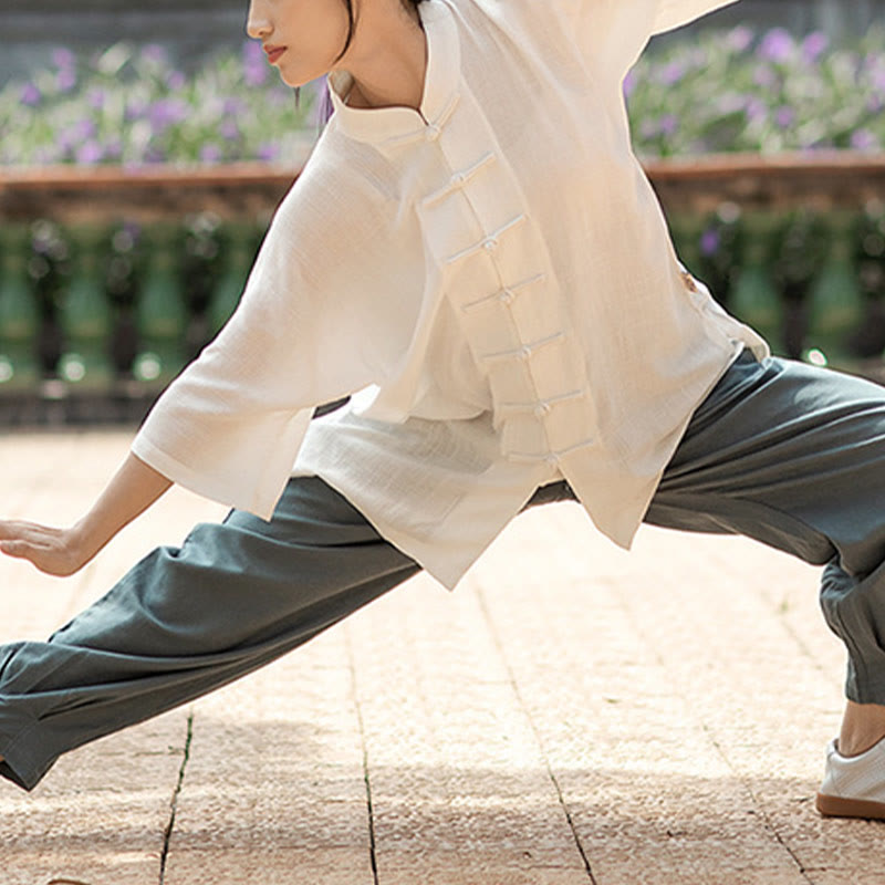 Buddha Stones Solid Color Frog-Button Meditation Prayer Spiritual Zen Tai Chi Qigong Practice Unisex Clothing Set - image 4