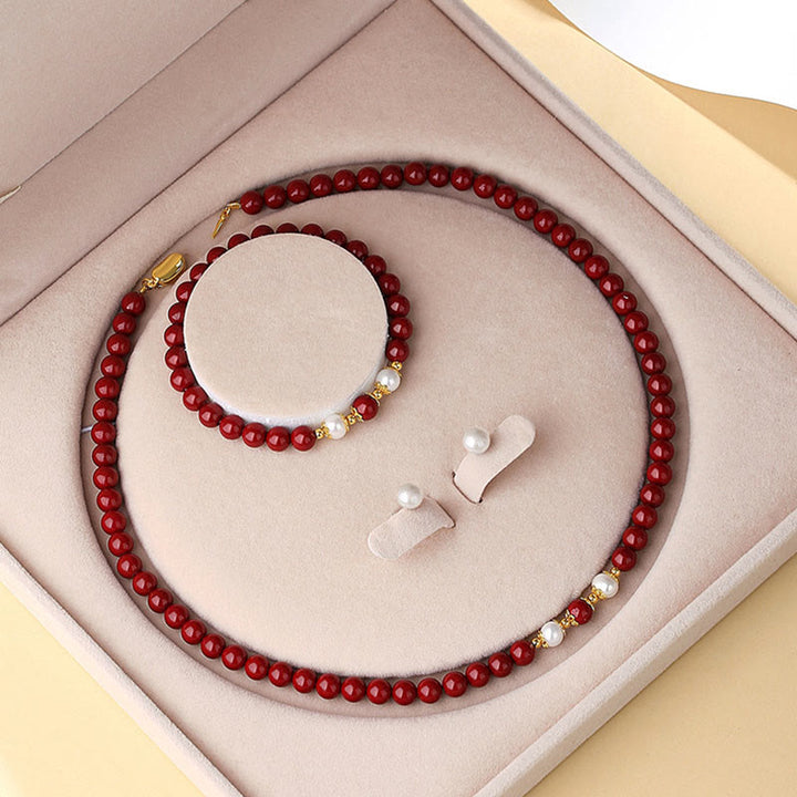 Buddha Stones 925 Sterling Silver Natural Cinnabar Pearl Blessing Necklace Pendant Bracelet Earrings Jewelry Set - 3Pcs(Necklace&Bracelet&Earrings) - image 0