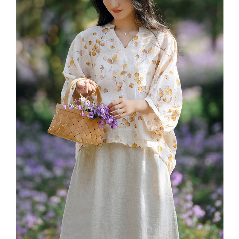 Buddha Stones Fruits Leaves Pattern Lantern Sleeve Top Loose Tee T-shirt - image 12