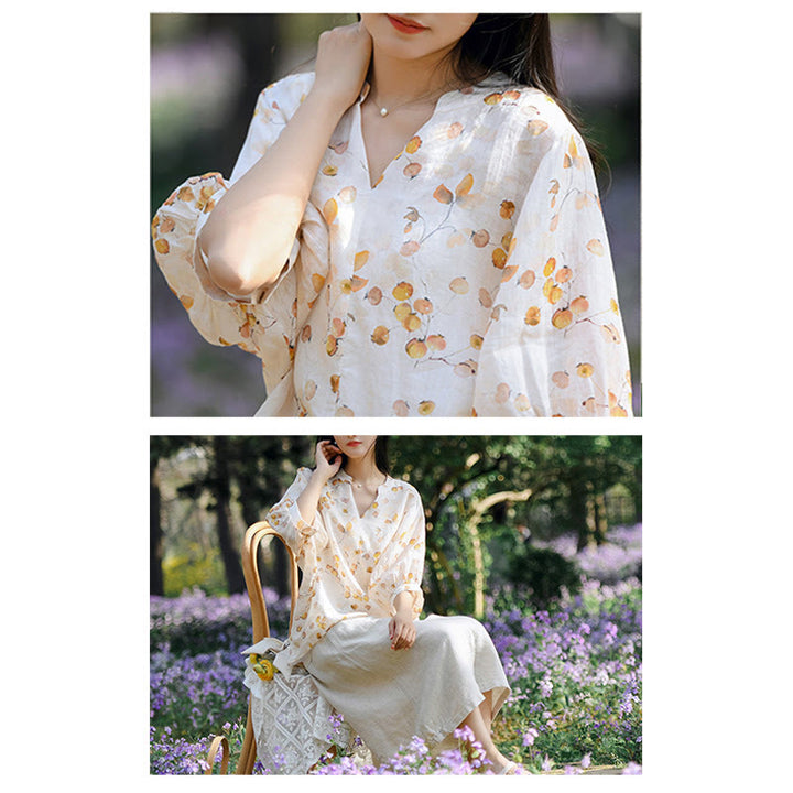 Buddha Stones Fruits Leaves Pattern Lantern Sleeve Top Loose Tee T-shirt - image 14