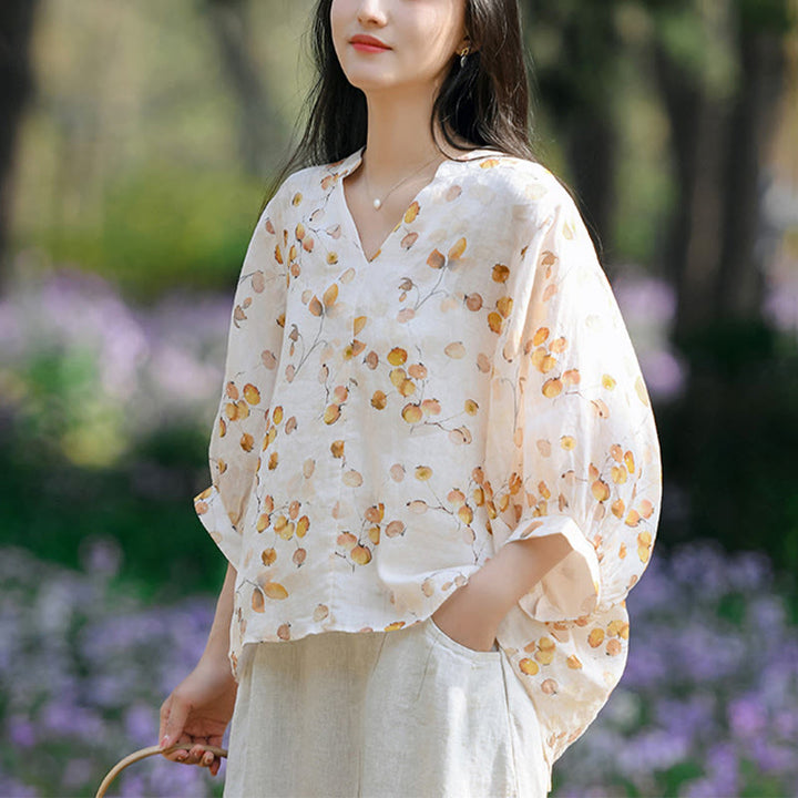 Buddha Stones Fruits Leaves Pattern Lantern Sleeve Top Loose Tee T-shirt - Yellow(Bust 130cm/Shoulder 37cm/Length 58-66cm)(Top Only) - image 9