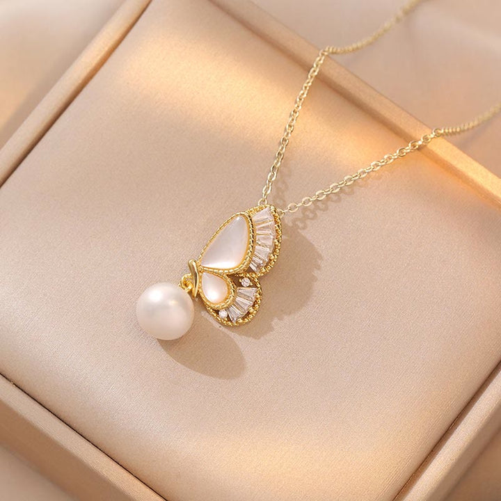 Buddha Stones Tridacna Stone Pearl Bead Butterfly Healing Necklace Pendant Earrings Set - Necklace - image 1