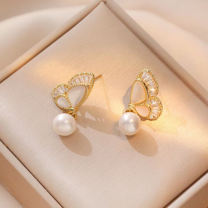 Buddha Stones Tridacna Stone Pearl Bead Butterfly Healing Necklace Pendant Earrings Set - Earrings - image 2